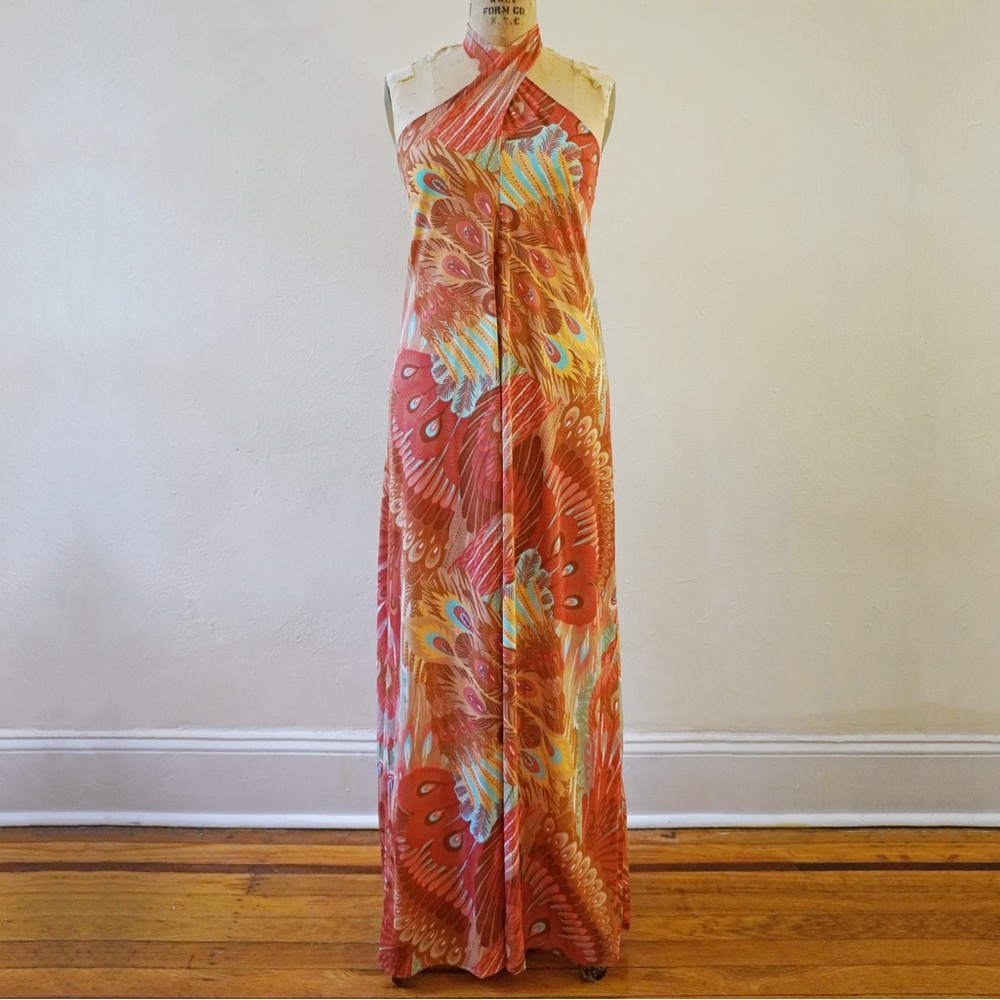 Vintage 70s John Kloss Peacock Print Halter Maxi Dress